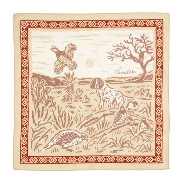 "bandana featuring hunting dog flushing birds in th edesert"