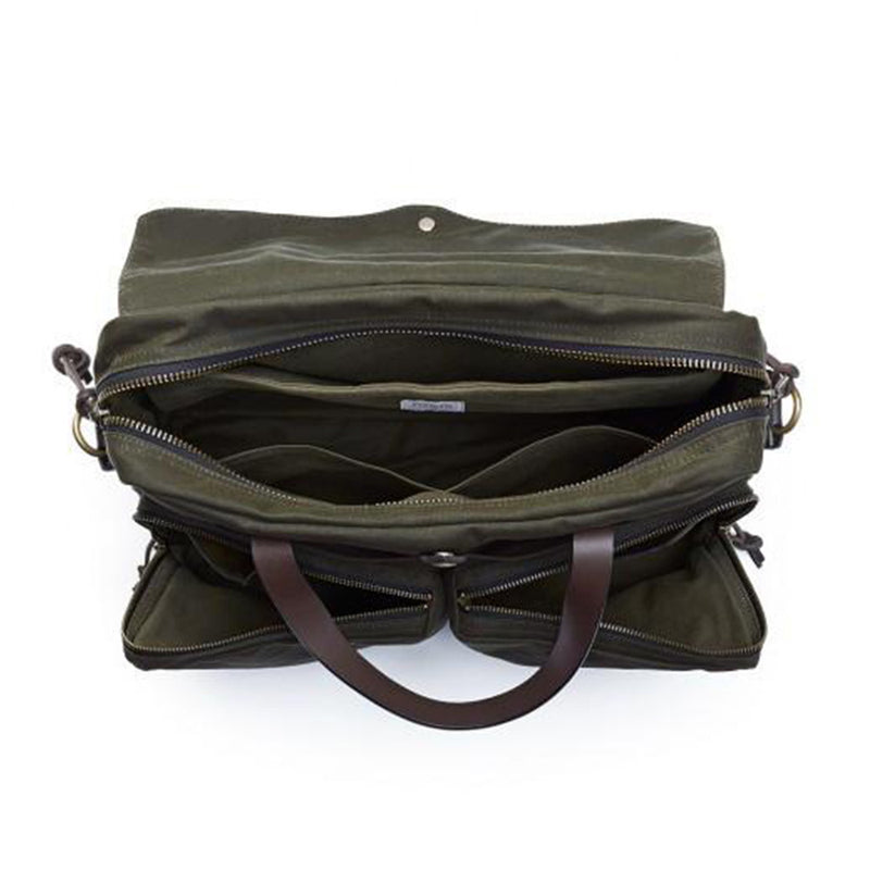 Top of Filson 24 Hour Tin Cloth Briefcase in Otter Green.